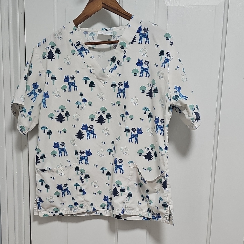 Animal Print Scrub Shirt Deer Owl And Mushroom